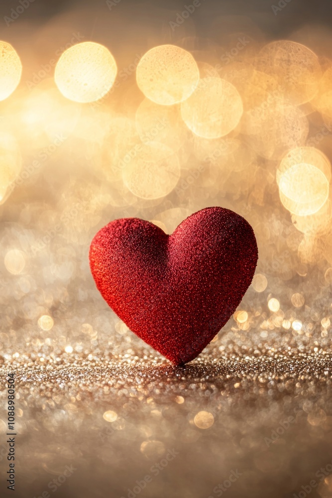 One red heart on a glittering background with bokeh lights, a romantic Valentine's Day background, a love concept. One red heart on a glittering background with bokeh lights, a romantic Valentine's Day background, a love concept.