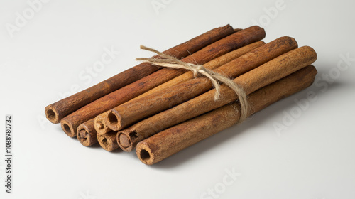 "Studio shot of cinnamon sticks and cinnamon powder arranged on a wooden surface, capturing the warm, aromatic essence of this spice. Ideal for culinary, baking, or autumn-themed imagery."