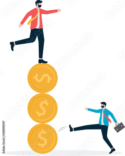 A businessman tries to keep his balance by walking on gold coins. financial and business risks and liabilities Stability or balance of economics and investments.

