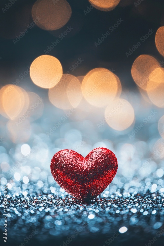 Obraz premium One red heart on a glittering background with bokeh lights, a romantic Valentine's Day background, a love concept. 