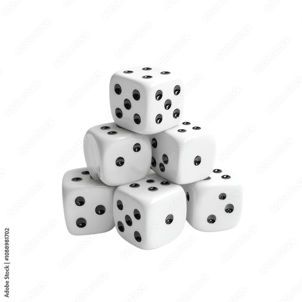 A stack of six white dice displaying various numbers on their faces. A stack of six white dice displaying various numbers on their faces.