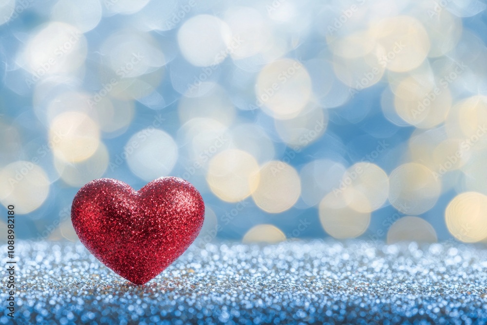 One red heart on a glittering background with bokeh lights, a romantic Valentine's Day background, a love concept. One red heart on a glittering background with bokeh lights, a romantic Valentine's Day background, a love concept.
