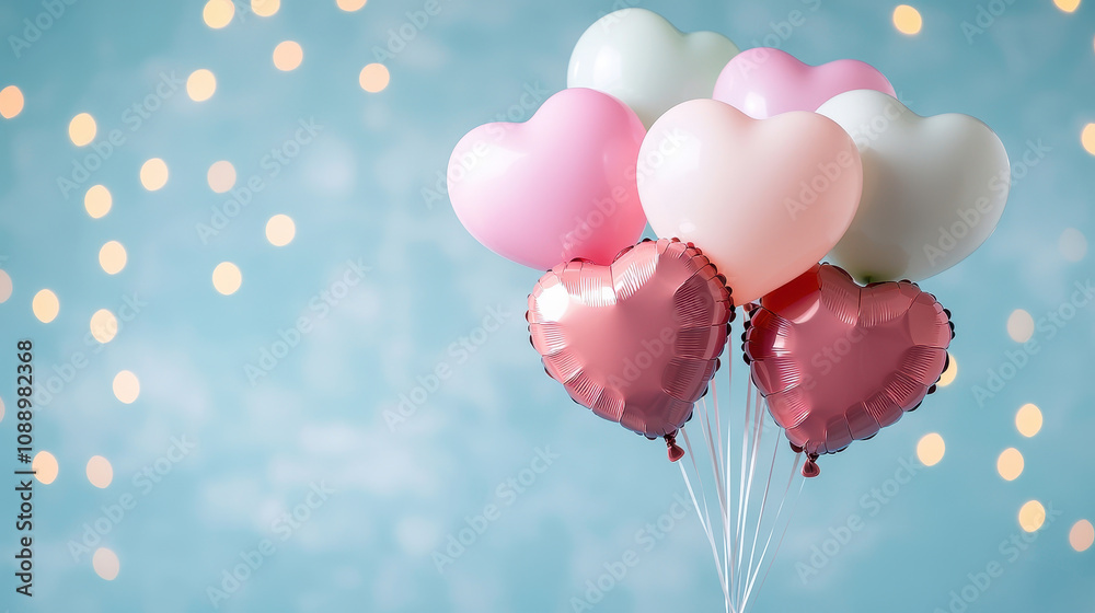 Colorful heart-shaped balloons float against a soft blue background, creating a whimsical and romantic atmosphere with sparkling lights. Colorful heart-shaped balloons float against a soft blue background, creating a whimsical and romantic atmosphere with sparkling lights.