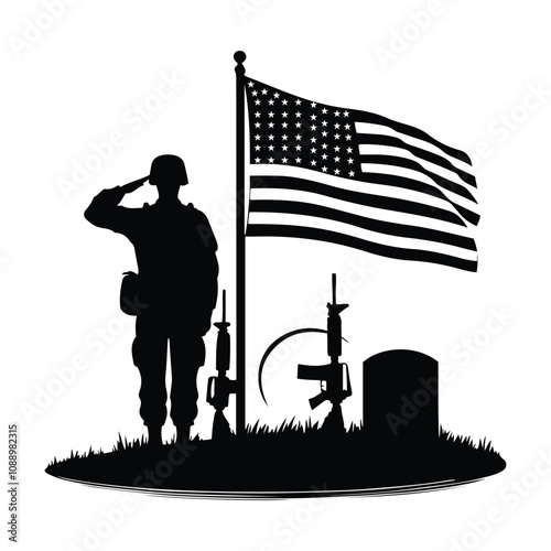 Soldier saluting the flag silhouette vector art black color design and solid white background 