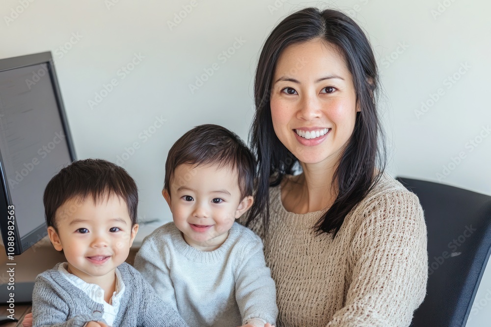 A smiling woman poses with two young children, showcasing a joyful family moment. A smiling woman poses with two young children, showcasing a joyful family moment.