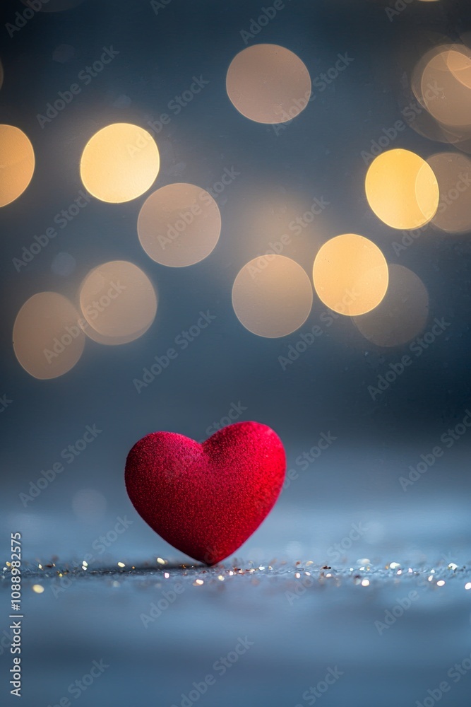 One red heart on a glittering background with bokeh lights, a romantic Valentine's Day background, a love concept. One red heart on a glittering background with bokeh lights, a romantic Valentine's Day background, a love concept.