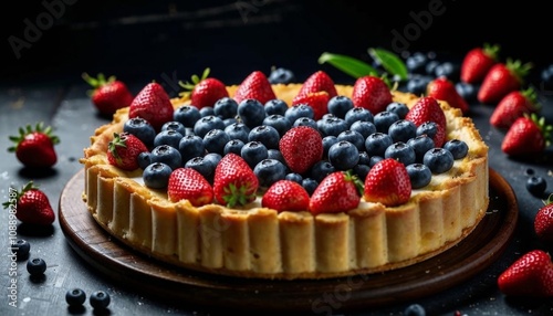 A vibrant tart topped with juicy strawberries and blueberries, set on a golden crust, perfect for a festive dessert. AI generated. 