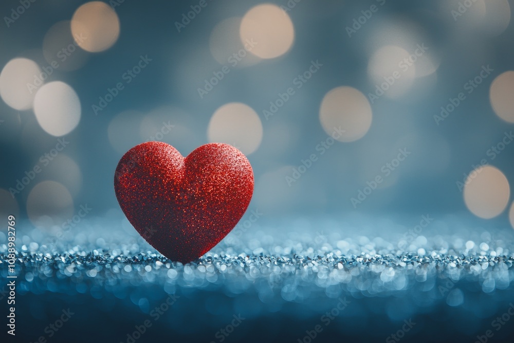 One red heart on a glittering background with bokeh lights, a romantic Valentine's Day background, a love concept. One red heart on a glittering background with bokeh lights, a romantic Valentine's Day background, a love concept.