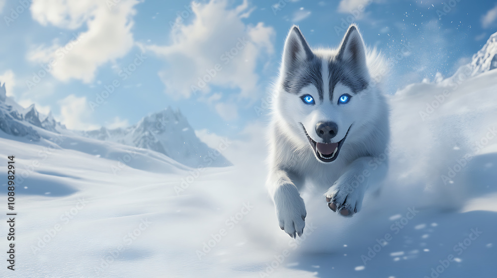 Naklejka premium Joyful Siberian husky with bright blue eyes running in snow