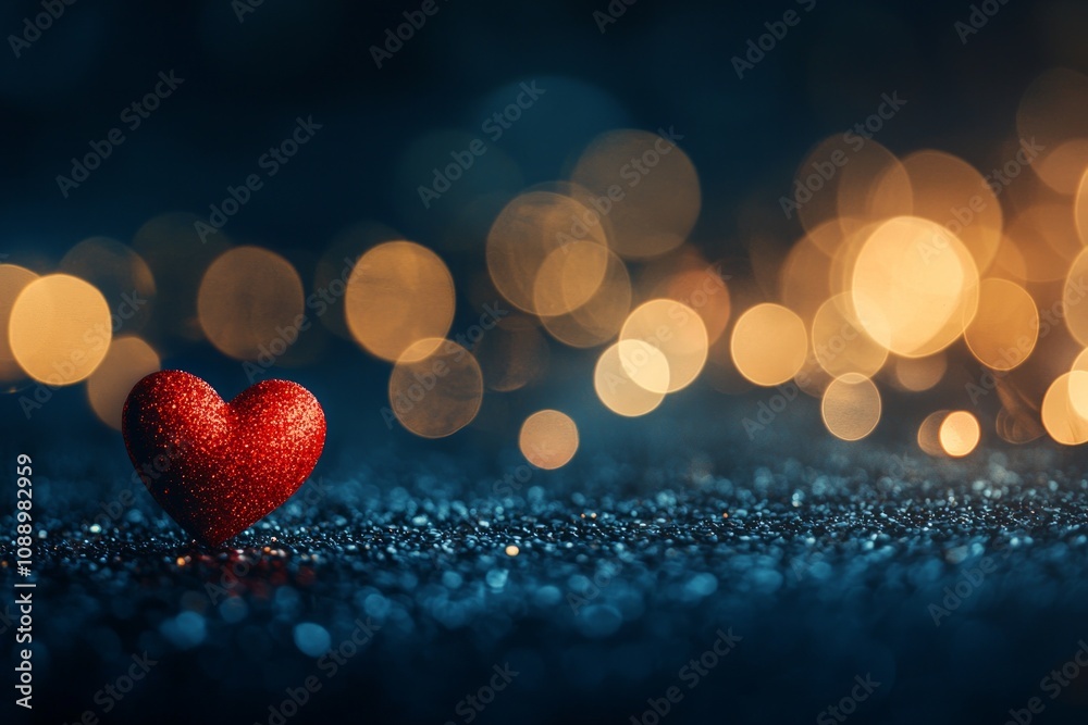 Fototapeta premium One red heart on a glittering background with bokeh lights, a romantic Valentine's Day background, a love concept. 