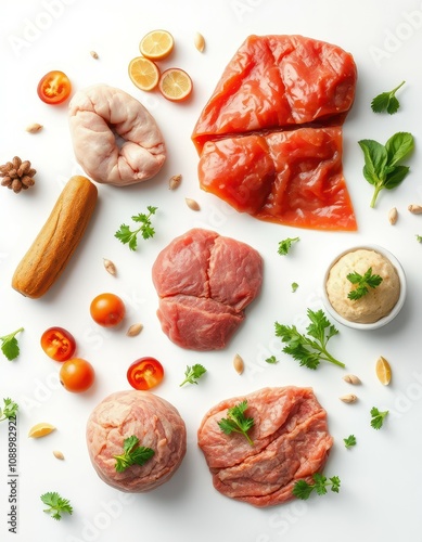 Various raw meats and vegetables arranged on a white background for a culinary preparation photo