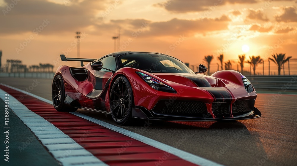 Red supercar on racetrack at sunset. Red supercar on racetrack at sunset.