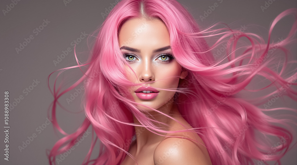 A model showcases her flowing pink hair and captivating green eyes while posing confidently in a minimalistic setting A model showcases her flowing pink hair and captivating green eyes while posing confidently in a minimalistic setting