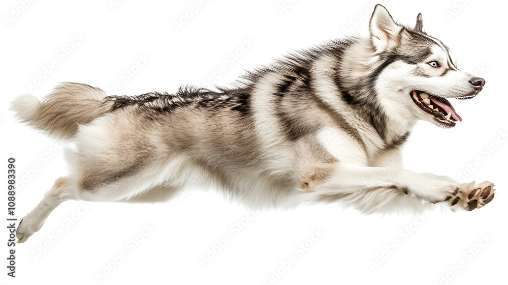 Obraz premium cheerful Siberian husky running joyfully in mid air, showcasing its energy and playfulness