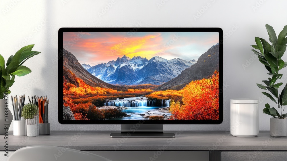 Fototapeta premium Stunning Autumn Landscape Displayed on Modern Monitor, Vibrant Colors of Mountains, Forests, and River under Vibrant Sunset, Perfect for Workspaces and Creative Inspiration