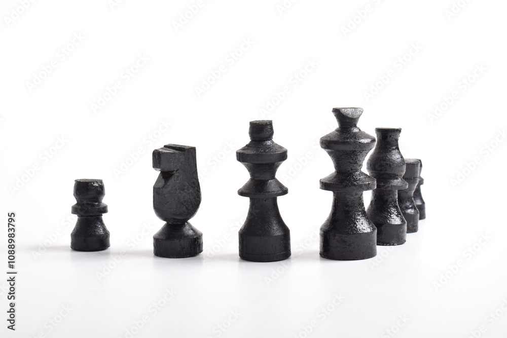 Black Chess set isolated on white backgound, chess piece king, queen, bishop, knight horse, rook, pawn. Business, Competition, Strategy, Decision concept Black Chess set isolated on white backgound, chess piece king, queen, bishop, knight horse, rook, pawn. Business, Competition, Strategy, Decision concept