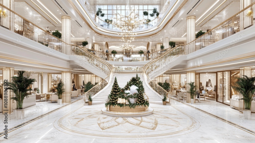 Obraz premium Christmas shopping spree at an exclusive mall luxury items displayed