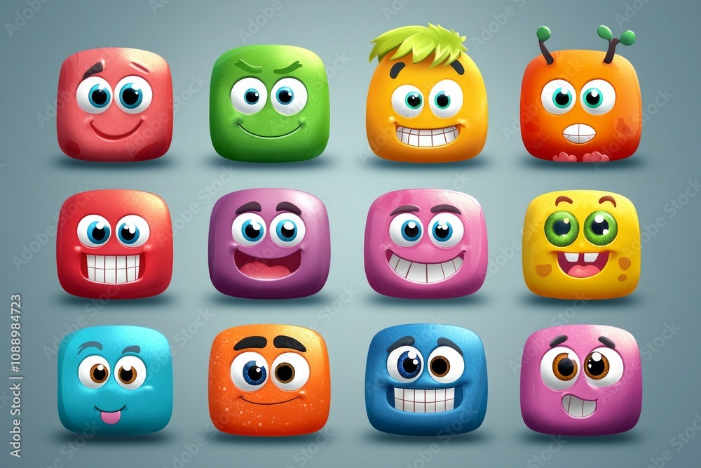 Set of cute, colorful character icons, with friendly and inviting expressions