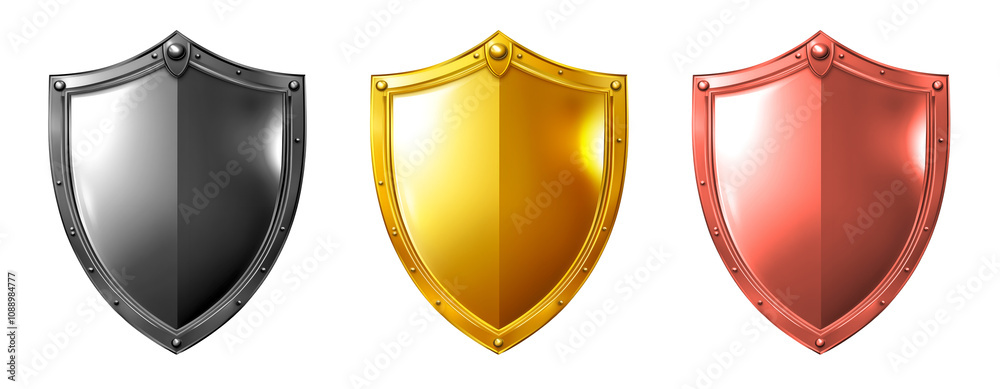 Set of Metallic Shields in Silver, Gold, and Bronze for Premium Design Elements, Cutout, Isolated on White Background Set of Metallic Shields in Silver, Gold, and Bronze for Premium Design Elements, Cutout, Isolated on White Background