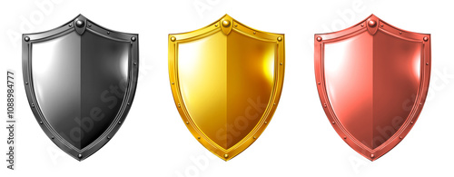 Set of Metallic Shields in Silver, Gold, and Bronze for Premium Design Elements, Cutout, Isolated on White Background photo