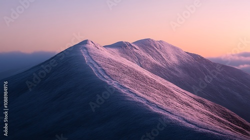 Frosty mountain ridge glowing under the warm hues of early dawn light ,