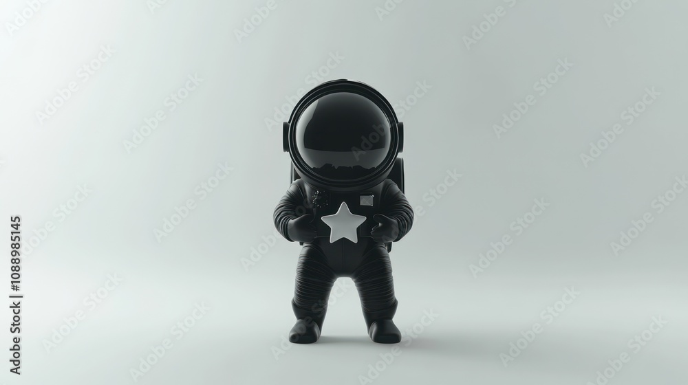 A stylized black astronaut figure with a star emblem, designed for artistic or promotional use. A stylized black astronaut figure with a star emblem, designed for artistic or promotional use.