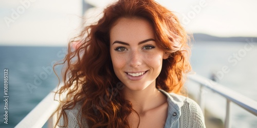 A cute red-haired girl with a beautiful smile poses near the coast on the pier, close-up portrait, Generative AI.