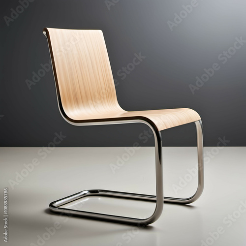 A sleek, single-piece chair with a cantilever design, made from polished metal or lightweight wood. photo