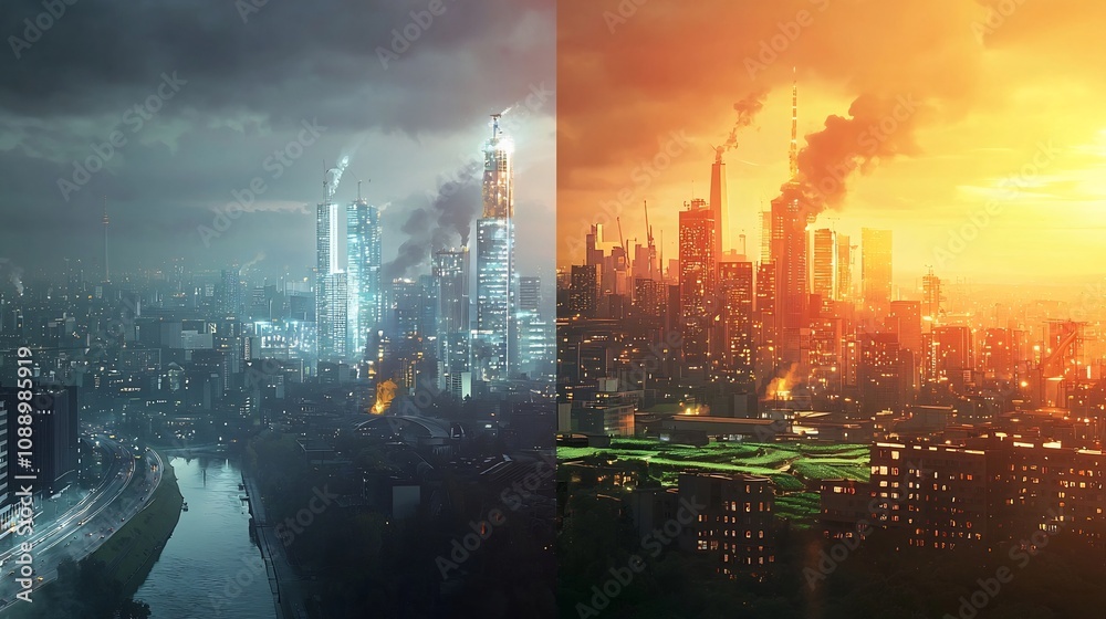 Obraz premium Contrasting Urban Futures Pollution vs Renewable Energy Transformation
