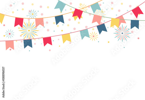 Festive garland with flags on a white background with space for text. Festive background for congratulations and invitations to the holiday. Vector