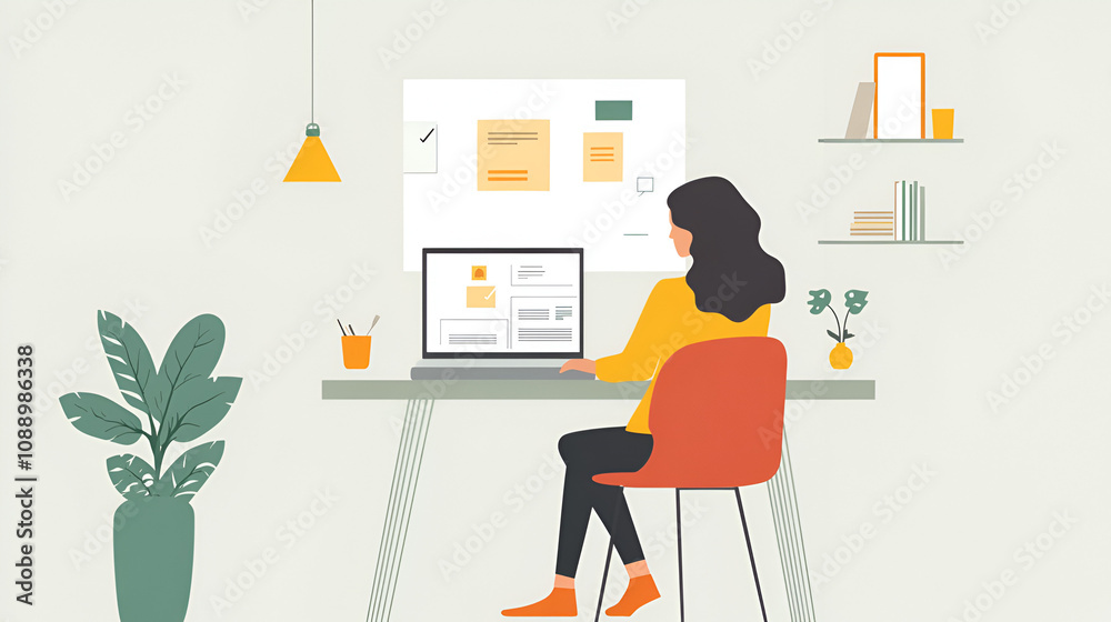 Woman leading a brainstorming session on a virtual whiteboard her laptop opens on a minimalist desk Copy space Woman leading a brainstorming session on a virtual whiteboard her laptop opens on a minimalist desk Copy space
