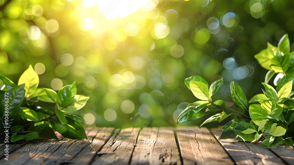 in sunny defocused garden - green leaves on a wooden table with a white accent, text area, png in sunny defocused garden - green leaves on a wooden table with a white accent, text area, png