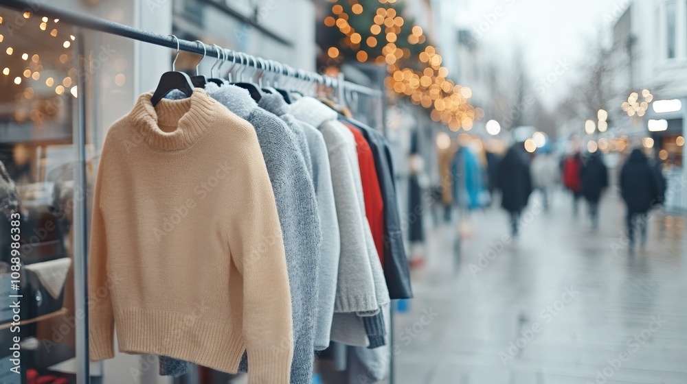 Designer fashion boutique Christmas sale exclusive clothing items displayed in gold and red decorations Designer fashion boutique Christmas sale exclusive clothing items displayed in gold and red decorations