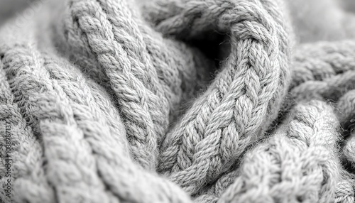 Close-up of cozy, textured gray knit fabric with intricate cable design, capturing warmth and comfort for fashion and home decor projects. photo