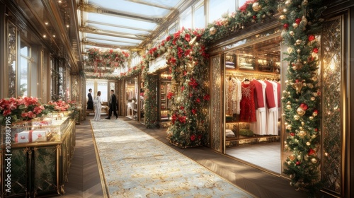 Elegant Christmas shopping spree shoppers selecting premium gifts