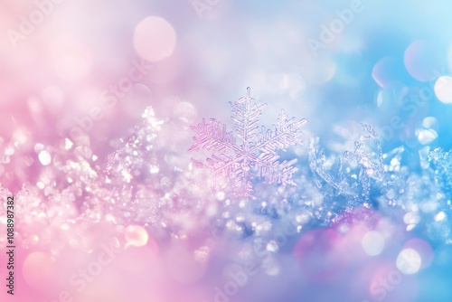 This is a festive holiday card featuring a snowy background and a crystallic white snowflake on a blurred, defocused background. It is a backdrop for a banner with holiday copy space. photo