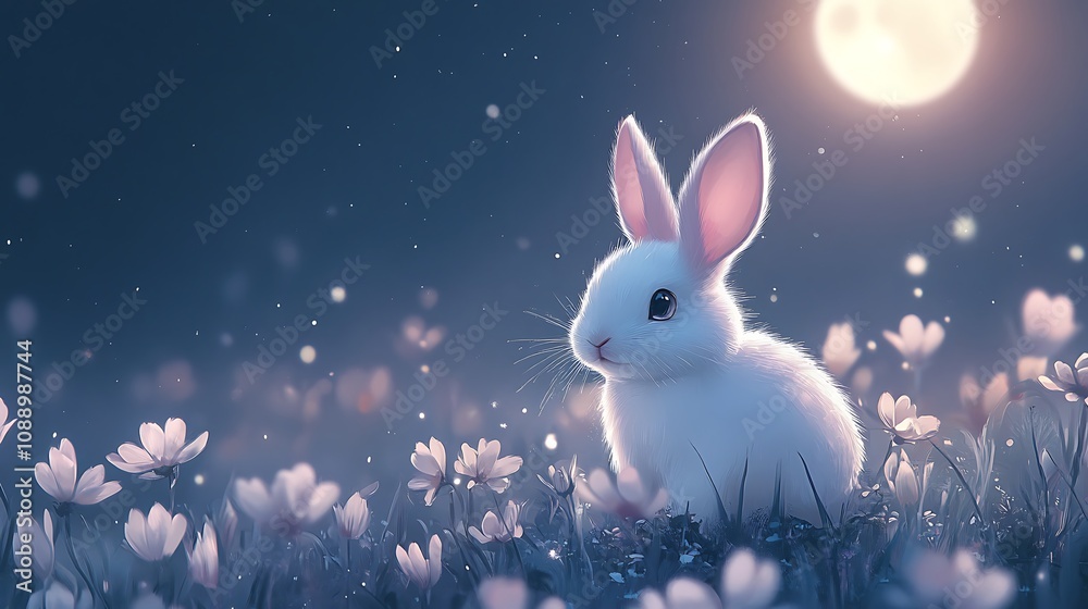 White Rabbit in Flower Meadow Moonlit Night Art White Rabbit in Flower Meadow Moonlit Night Art