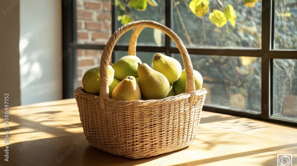 custom made wallpaper toronto digitalFresh Green Pears in a Woven Basket Placed on a Wooden Table Under Natural Sunlight with a Bright and Welcoming Atmosphere in a Cozy Indoor Setting