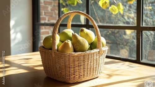 Wallpaper Mural Fresh Green Pears in a Woven Basket Placed on a Wooden Table Under Natural Sunlight with a Bright and Welcoming Atmosphere in a Cozy Indoor Setting Torontodigital.ca