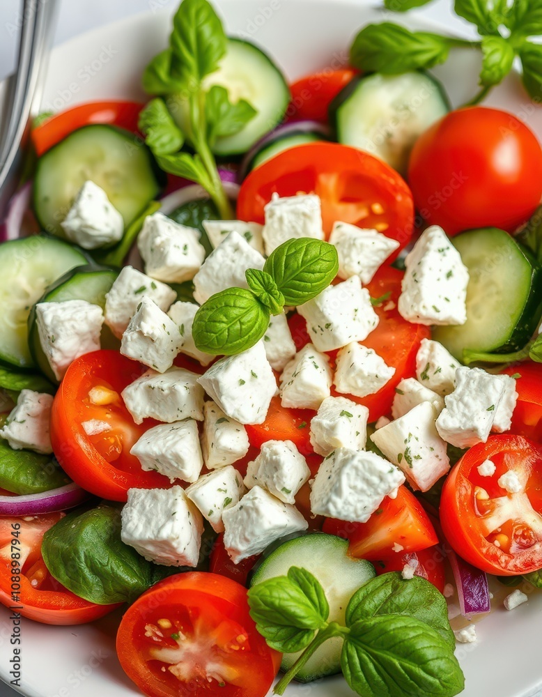 Refreshing tomato cucumber salad with feta cheese and basil ready for a summer lunch Refreshing tomato cucumber salad with feta cheese and basil ready for a summer lunch