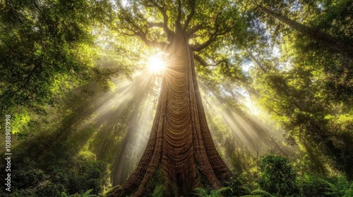 A massive tree in the forest with visible growth rings on its trunk, surrounded by lush greenery and dappled sunlight peeking through the leaves.