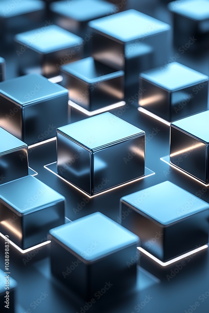 Abstract representation of three-dimensional metallic cubes arranged on a glowing surface, showcasing symmetry and depth in a modern digital art style Abstract representation of three-dimensional metallic cubes arranged on a glowing surface, showcasing symmetry and depth in a modern digital art style