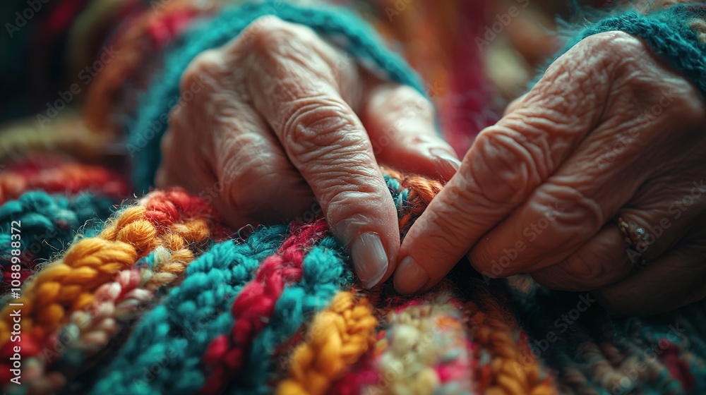 Close-up of elderly hands in colorful knitted sweater, showcasing warmth and craft skill. Close-up of elderly hands in colorful knitted sweater, showcasing warmth and craft skill.