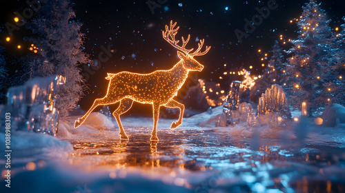 An Enchanting Scene of a Holographic Reindeer Amidst a Futuristic Snowy Wonderland Filled with Neon Lights and Ice Sculptures