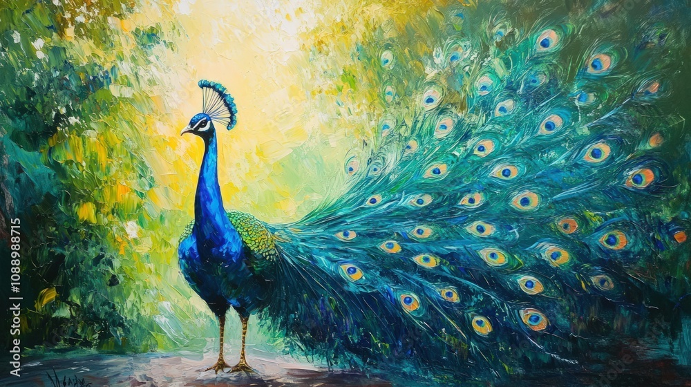 Obraz premium Majestic Peacock in Vibrant Sunlight: An Impressionist Masterpiece