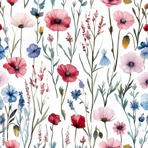 A seamless pattern of modern florals with watercolor drawings of wild flowers in the field. Stock illustration.