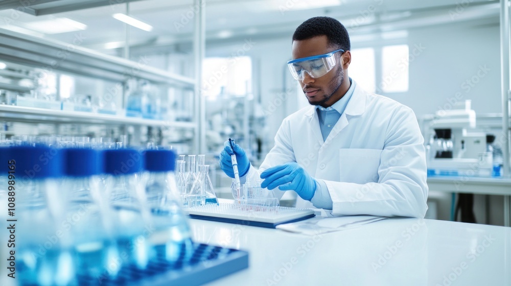 A scientist conducts experiments in a laboratory setting with equipment and glassware. A scientist conducts experiments in a laboratory setting with equipment and glassware.
