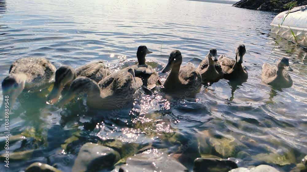 a brood of ducks feeding from hands in slow motion
