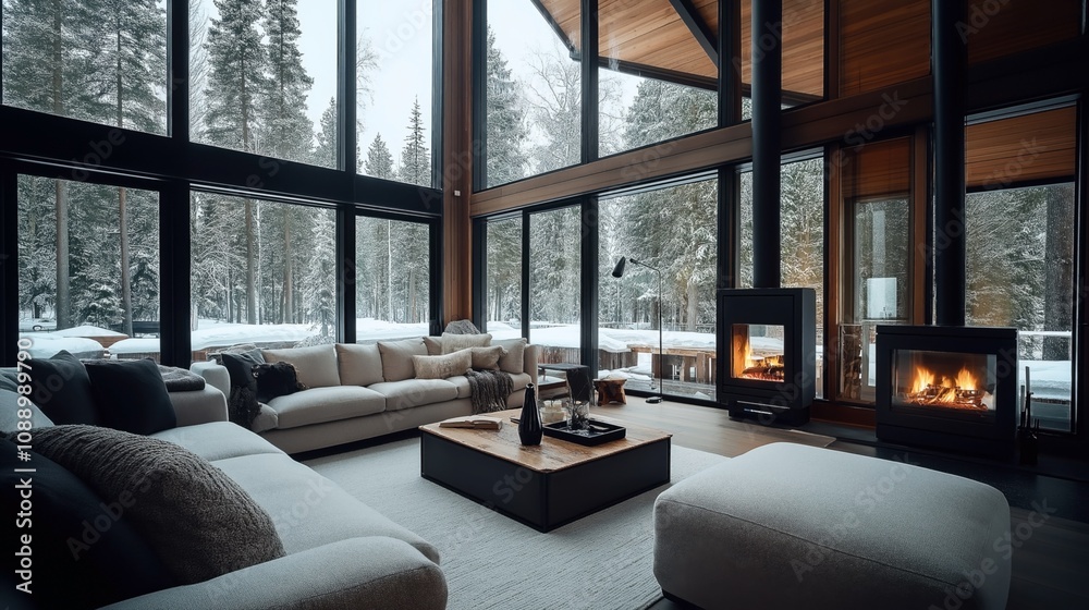 Spacious modern living room with large glass windows showcasing snowy forest view, featuring cozy sofas, coffee table, and two fireplaces offering a warm and inviting atmosphere. Spacious modern living room with large glass windows showcasing snowy forest view, featuring cozy sofas, coffee table, and two fireplaces offering a warm and inviting atmosphere.
