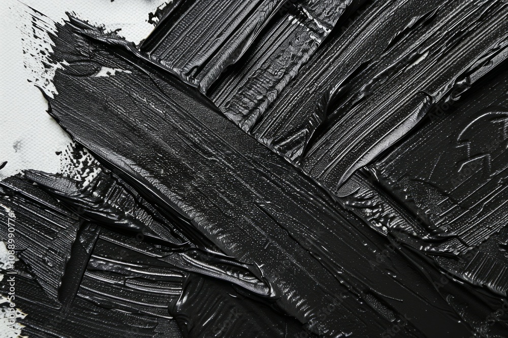 Fototapeta premium Photo of Many rough dark black smears of acrylic oil paint on flat surface. Background texture for backdrops or mapping